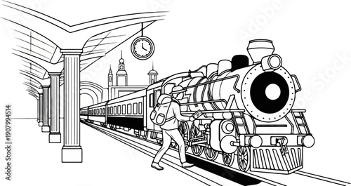 Traveler waits for vintage train at station with clock and columns