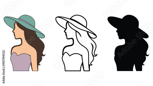 Three profile views of a woman wearing a wide-brimmed hat.