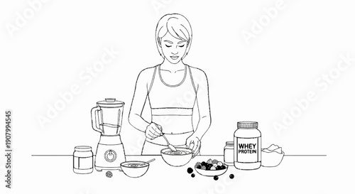 Woman preparing a protein shake with berries, a blender, and supplements