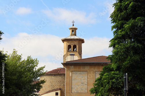 Building, church tower, and urban scenery in the city of Pamplona along Camino de Santiago Navarra Spain July 2024