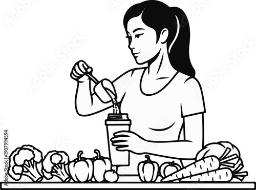 Woman preparing a healthy drink with fresh vegetables and ingredients