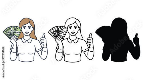 Woman holding fan of money and giving a thumbs up.