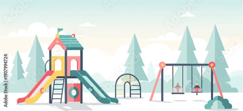 Winter playground with slides, swings, and climbing structure