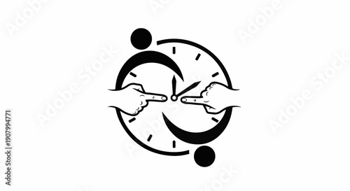 Two hands pointing at a clock face with abstract figures