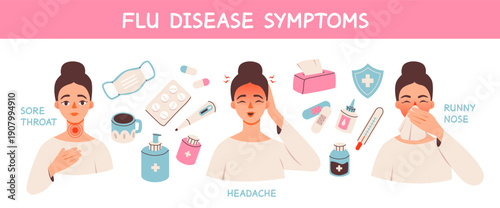 Flu Disease Symptoms Medical Infographic. Health infographic with diagnosis and prevention elements for clinics and education. Flat vector illustration.