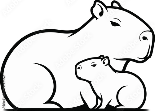 Two capybaras, one adult and one young, are shown in a side profile