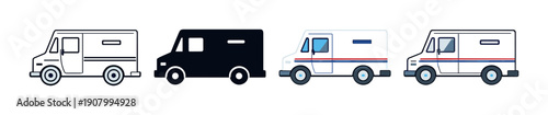 Illustration of various mail delivery trucks in different styles
