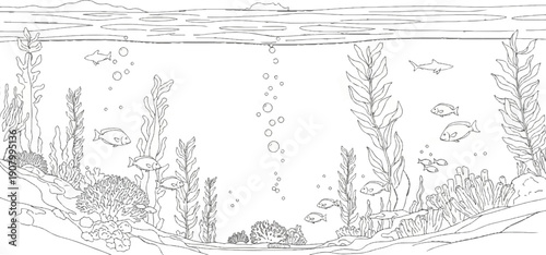 Undersea scene with kelp, coral, fish, and bubbles rising to the surface