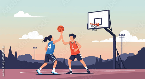 Two young players high-five over a basketball on a court at sunset