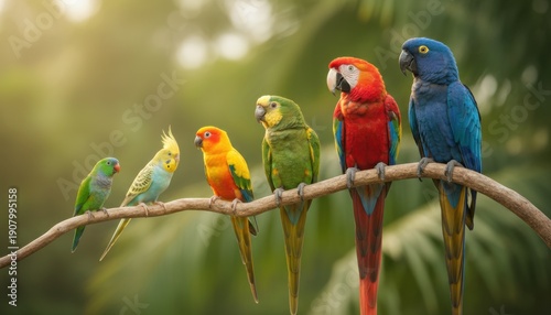 A diverse lineup of colorful parrots perched on a branch with lush green foliage in the background