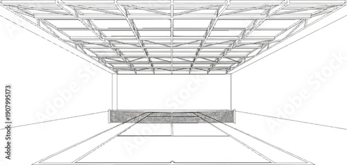 Wireframe drawing of an indoor sports court with a net and a geometric ceiling structure