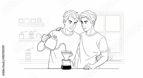 Two young men prepare coffee in a kitchen with shelves and a window