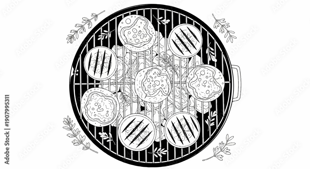 Obraz premium Top-down view of a round grill with various food items cooking on the grates