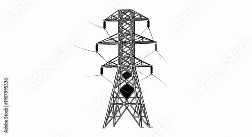 Wireframe outline of a tall, industrial electricity pylon with power lines