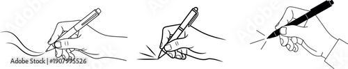 Writing hand illustration set with pen and pencil line art sketches vector isolated on transparent background