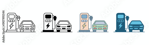 Charging station icon set multiple style collection, vector icons representing EV charging points, electric energy, and power stations
