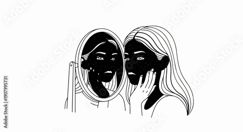 Woman with blemishes looking in mirror, accepting self