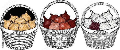 Three woven baskets overflowing with various types of onions