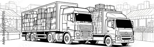 Two trucks loaded with goods are parked outside market stalls