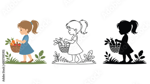 A young girl carries a basket of carrots and vegetables.