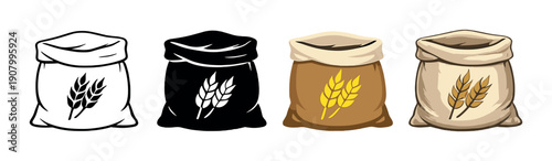 Four diverse grain bags on gradient background - icon varieties in black, white, brown