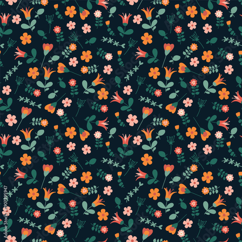A small floral pattern with leaves, flower buds, and branches on a dark background. For wrapping paper or notebook covers.