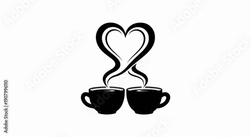 Two steaming coffee cups forming a heart shape in black silhouette