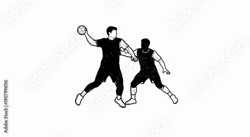 Two male athletes in silhouette playing handball, one throwing