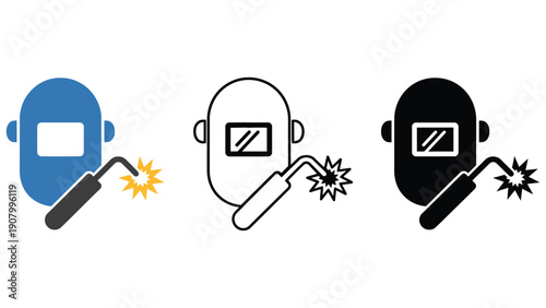 Welding mask and torch with sparks icon set.