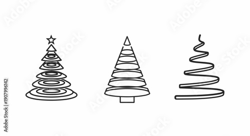 Three stylized Christmas trees one with concentric rings and star, another with stacked rings, and a ribbon tree