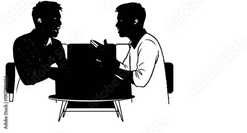 Two men in discussion, one animated, seated on a couch