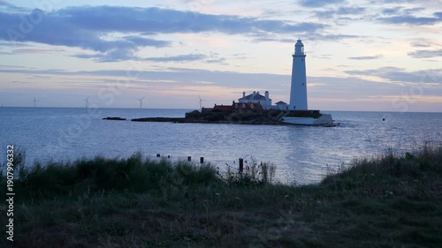 A panoramic wide shot of the historic St Mary’s Lighthouse on its tidal island in Whitley Bay, 