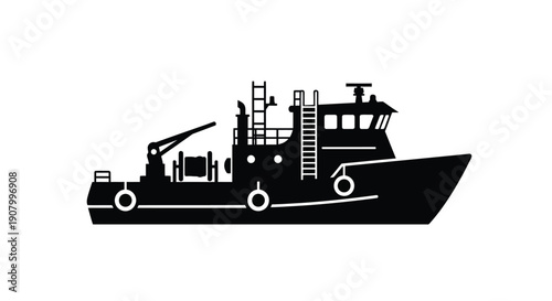 Black silhouette of a fishing vessel or supply ship on white background