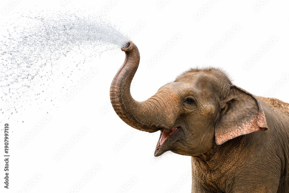 Naklejka premium Adult elephant spraying fine mist of water from trunk droplets frozen midair dynamic wildlife freshness concept side profile high key studio isolated on white