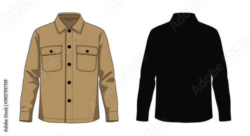 Illustration of a tan and black long sleeved shirt with button closures