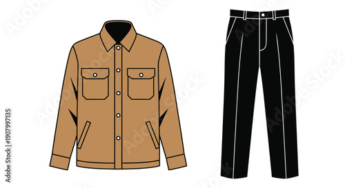 Illustration of a tan jacket and black trousers laid flat for design