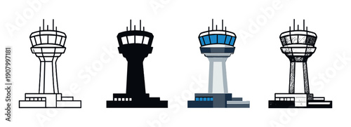 Contrast of four control towers with illuminated center structure