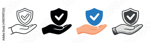 Graphic of hands holding shield icons with checkmarks in various styles and effects