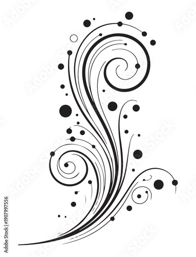 Black Swirling Floral Pattern Isolated on White Background