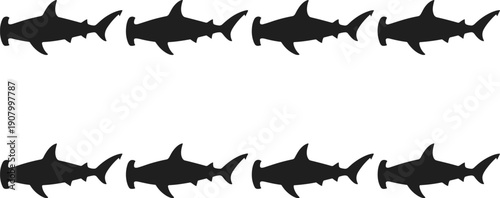 Hammerhead shark silhouette pattern, flat vector illustration, ocean predator fish collection, black marine animal shapes isolated white background