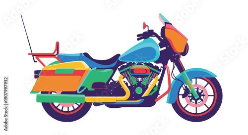 Colorful illustration of a classic motorcycle with a fairing and saddlebags