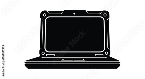 A black and white illustration of a futuristic laptop computer