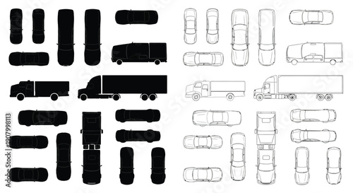 Blueprint style illustration of various commercial vehicles and trucks