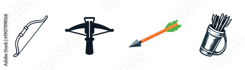 Bows crossbow arrow quiver silhouette set with neon elements