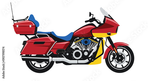 Stylized illustration of a red and yellow touring motorcycle with a large windscreen