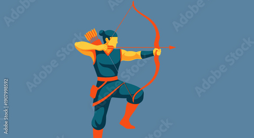 Illustration of an archer in dynamic pose with bow and arrow.
