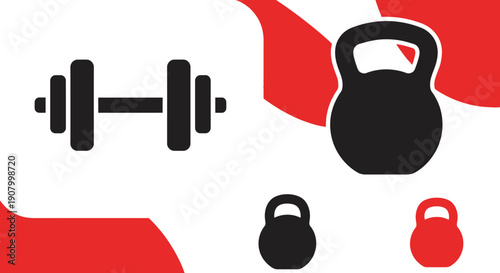 Set of fitness equipment icons including dumbbell and kettlebells.