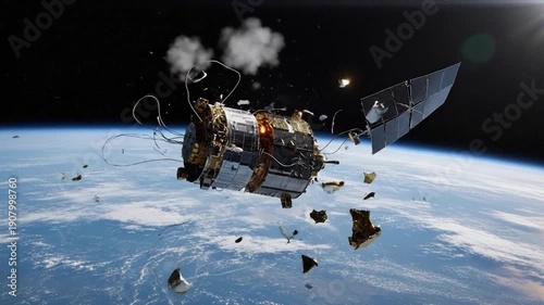 Satellite in Space Collides and Breaks Apart Exploding Parts Falling Toward Earth