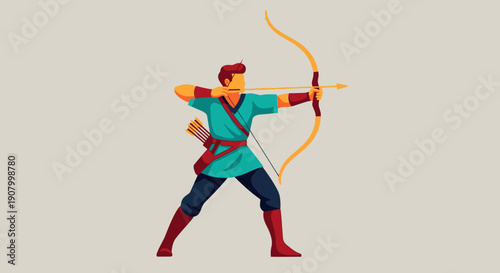Illustration of a medieval archer in action pose with bow and arrow.