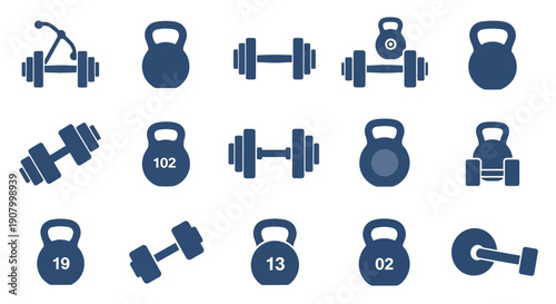 Collection of various fitness and exercise equipment icons in dark blue.